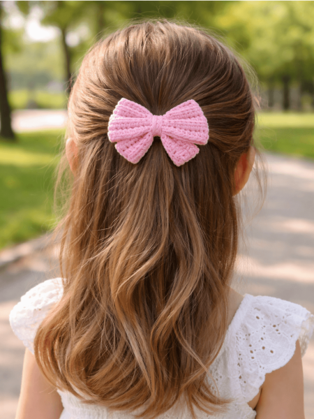 Luna Bow – El Yapımı Koton Tığ İşi Bebek Saç Tokası | Pembe  (75 mm)