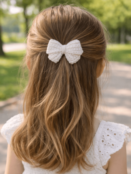 Luna Bow – El Yapımı Koton Tığ İşi Bebek Saç Tokası | Beyaz  (75 mm)