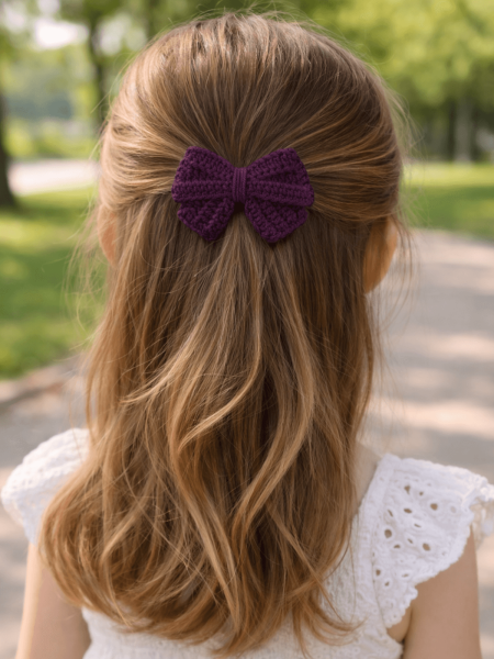 Luna Bow – El Yapımı Koton Tığ İşi Bebek Saç Tokası | Mor  (75 mm)